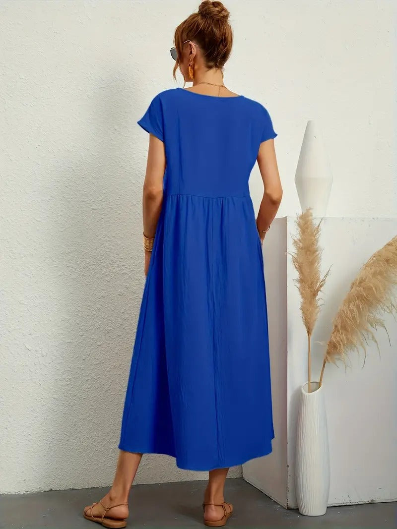 Femme Robe Midi Manches Courtes col Rond avec Poches et Coupe Ample