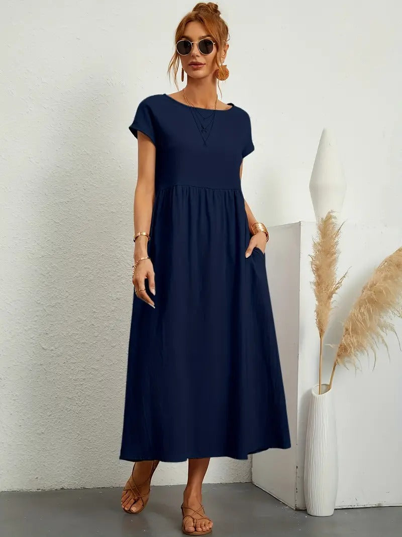 Femme Robe Midi Manches Courtes col Rond avec Poches et Coupe Ample