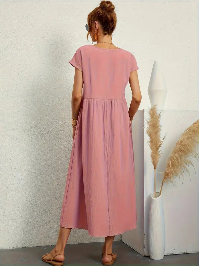 Femme Robe Midi Manches Courtes col Rond avec Poches et Coupe Ample