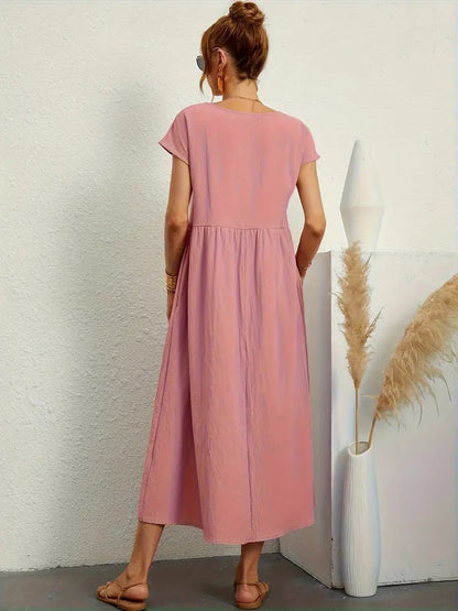 Femme Robe Midi Manches Courtes col Rond avec Poches et Coupe Ample