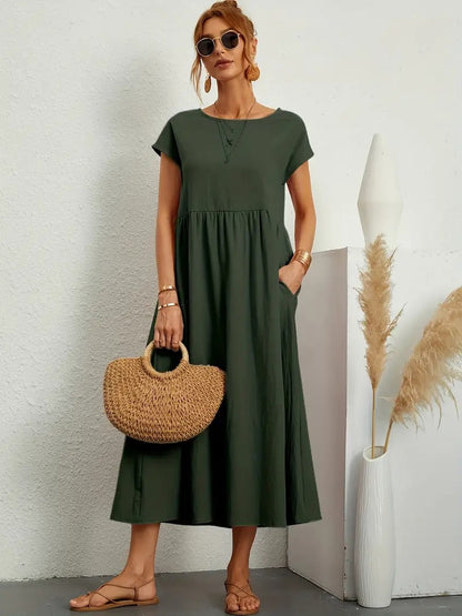 Femme Robe Midi Manches Courtes col Rond avec Poches et Coupe Ample