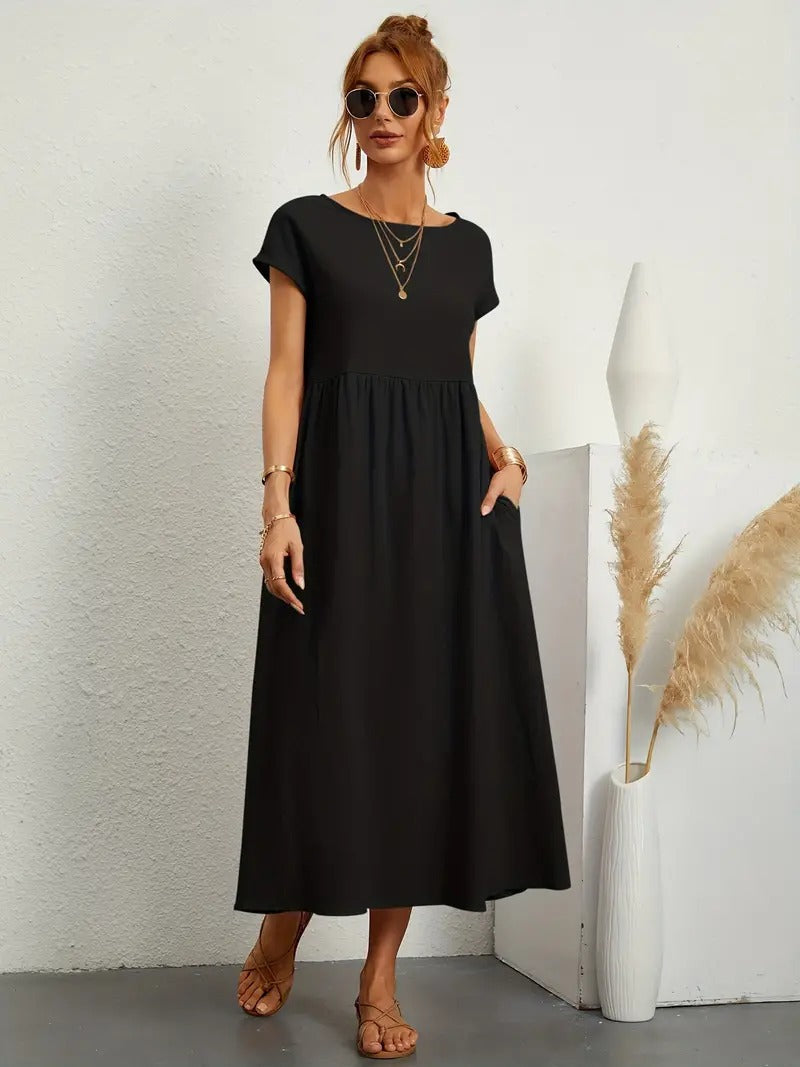Femme Robe Midi Manches Courtes col Rond avec Poches et Coupe Ample