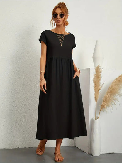Femme Robe Midi Manches Courtes col Rond avec Poches et Coupe Ample