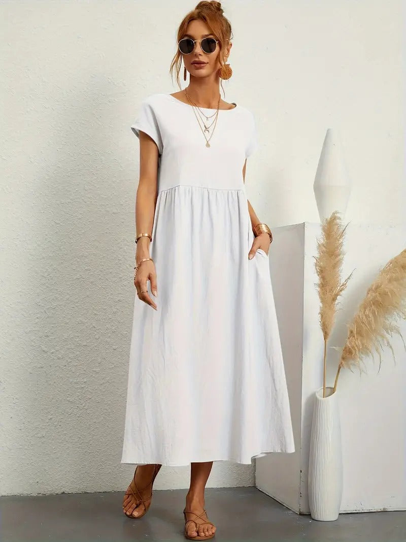Femme Robe Midi Manches Courtes col Rond avec Poches et Coupe Ample