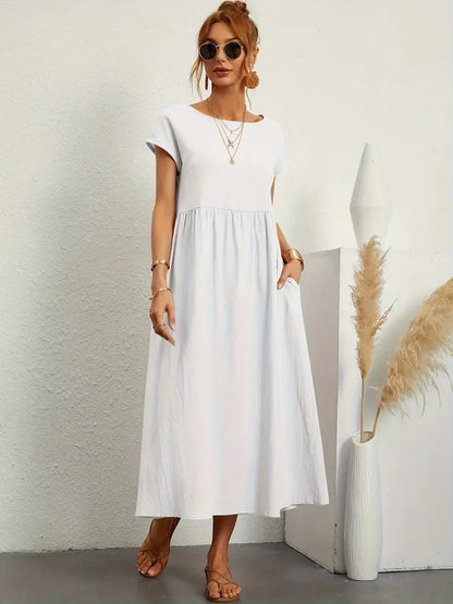 Femme Robe Midi Manches Courtes col Rond avec Poches et Coupe Ample