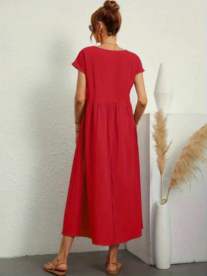 Femme Robe Midi Manches Courtes col Rond avec Poches et Coupe Ample