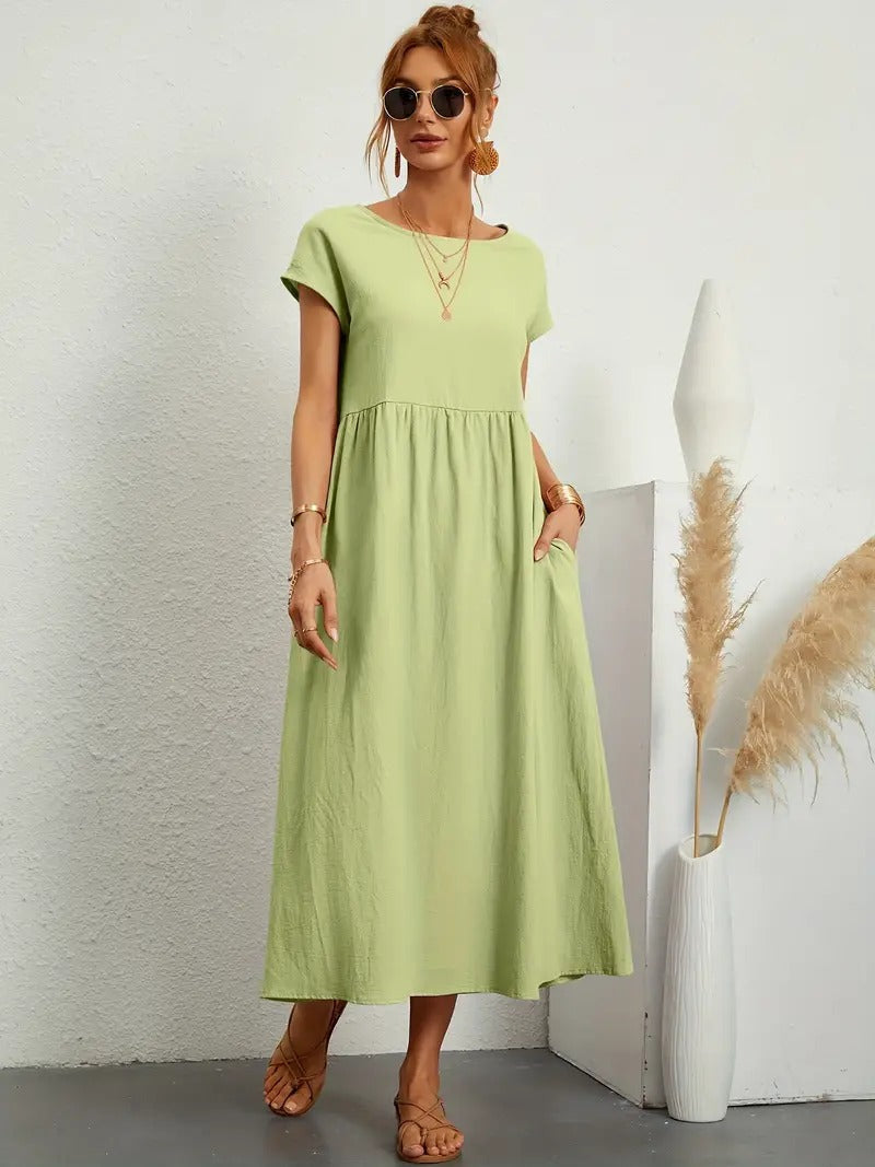 Femme Robe Midi Manches Courtes col Rond avec Poches et Coupe Ample