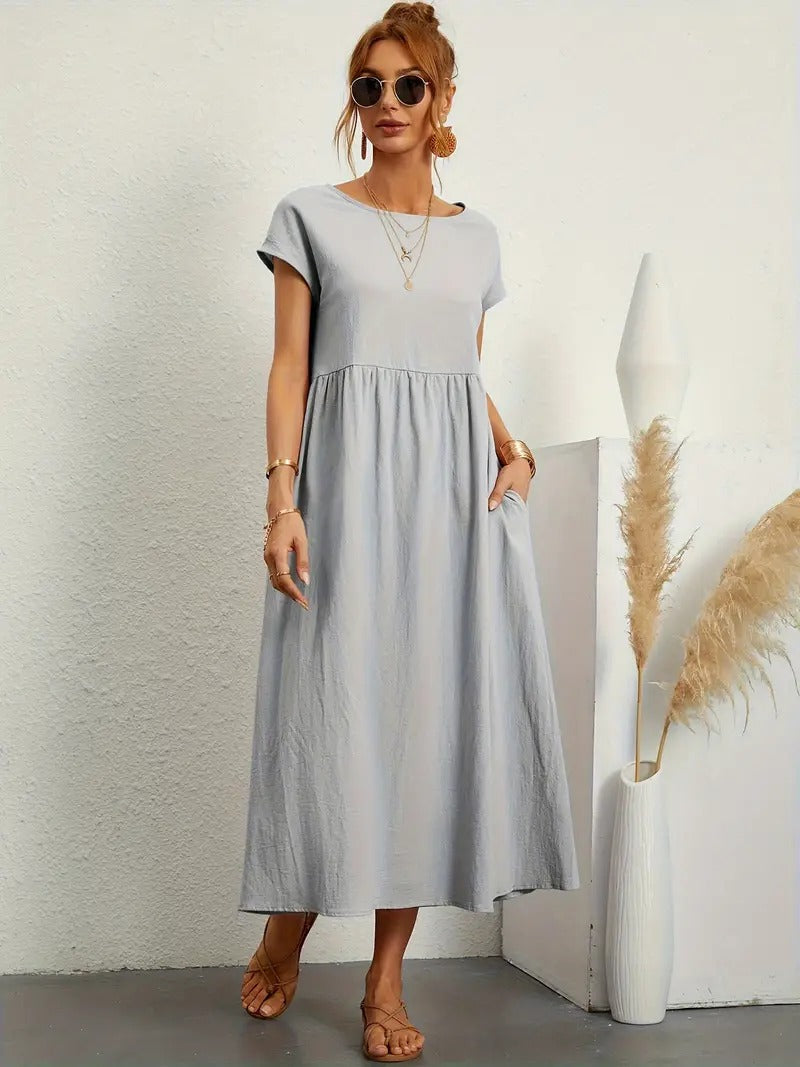 Femme Robe Midi Manches Courtes col Rond avec Poches et Coupe Ample