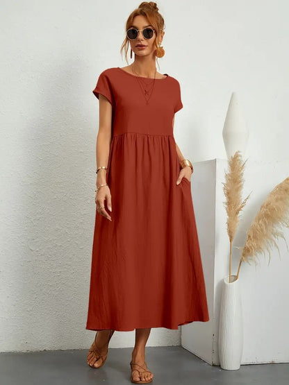 Femme Robe Midi Manches Courtes col Rond avec Poches et Coupe Ample