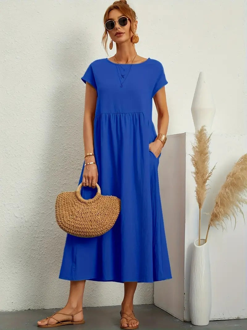Femme Robe Midi Manches Courtes col Rond avec Poches et Coupe Ample
