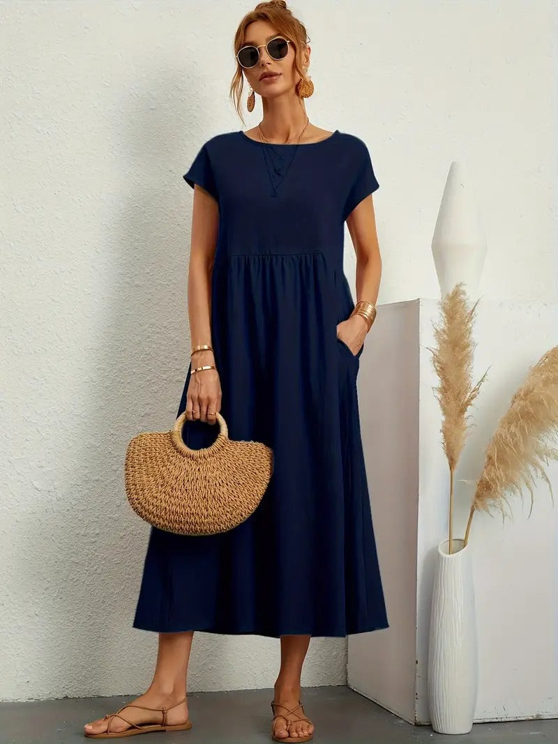Femme Robe Midi Manches Courtes col Rond avec Poches et Coupe Ample