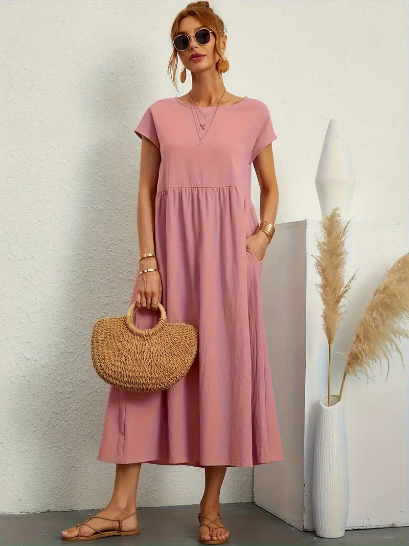 Femme Robe Midi Manches Courtes col Rond avec Poches et Coupe Ample