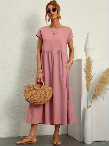 Femme Robe Midi Manches Courtes col Rond avec Poches et Coupe Ample