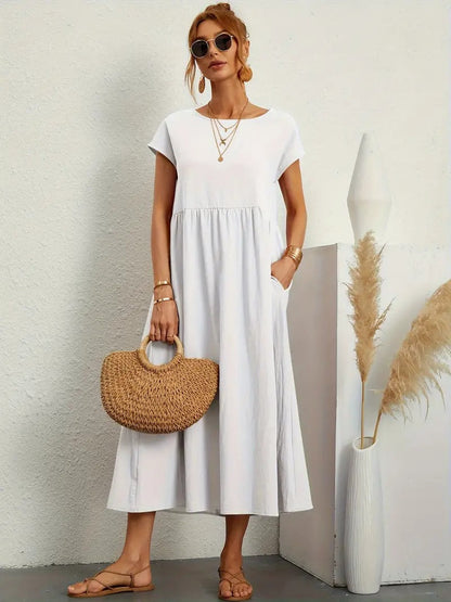 Femme Robe Midi Manches Courtes col Rond avec Poches et Coupe Ample