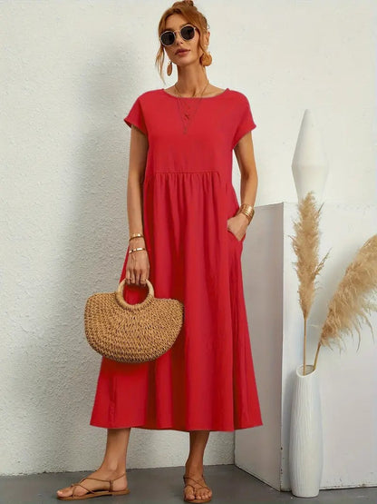 Femme Robe Midi Manches Courtes col Rond avec Poches et Coupe Ample