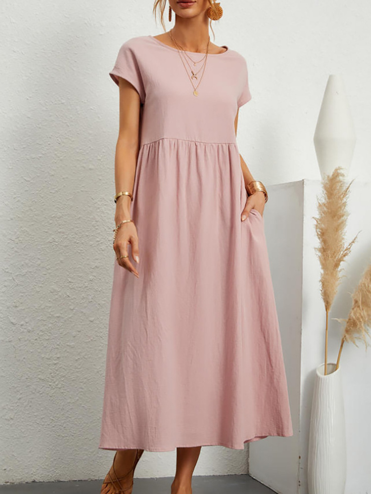Femme Robe Midi Manches Courtes col Rond avec Poches et Coupe Ample