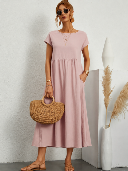 Femme Robe Midi Manches Courtes col Rond avec Poches et Coupe Ample