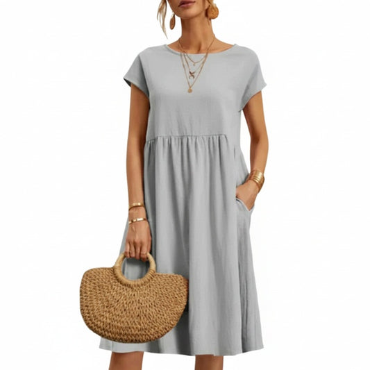 Femme Robe Midi Manches Courtes col Rond avec Poches et Fronces