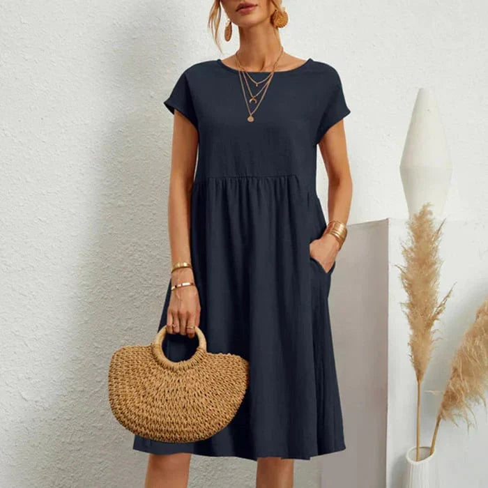Femme Robe Midi Manches Courtes col Rond avec Poches et Fronces