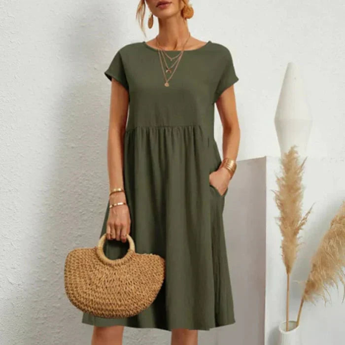 Femme Robe Midi Manches Courtes col Rond avec Poches et Fronces
