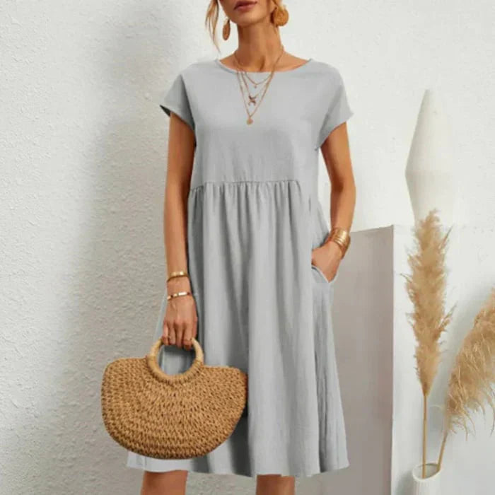 Femme Robe Midi Manches Courtes col Rond avec Poches et Fronces