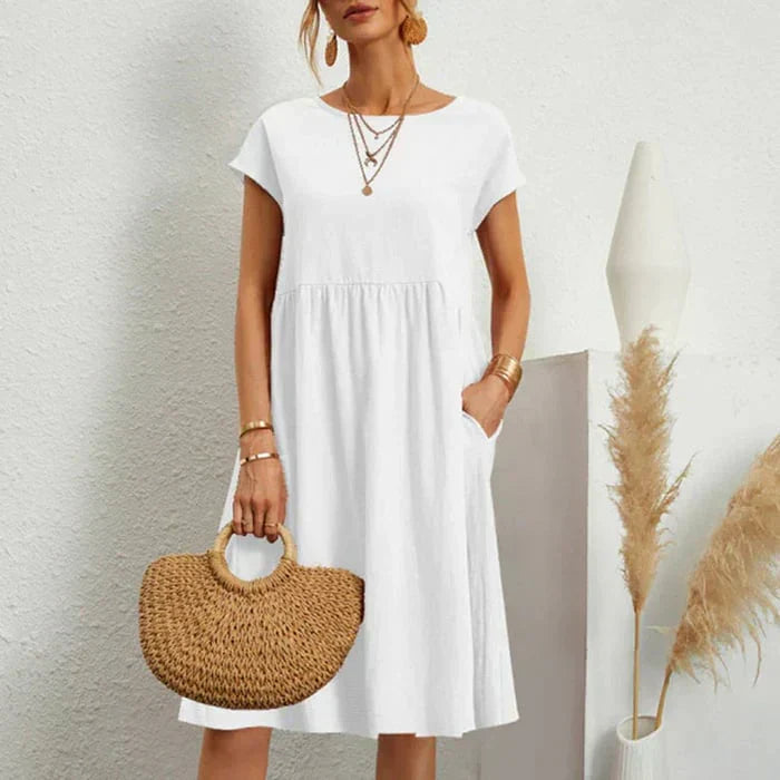 Femme Robe Midi Manches Courtes col Rond avec Poches et Fronces