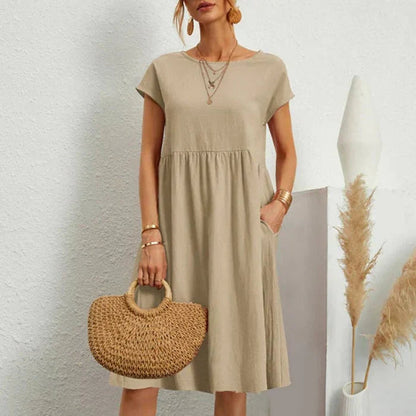 Femme Robe Midi Manches Courtes col Rond avec Poches et Fronces