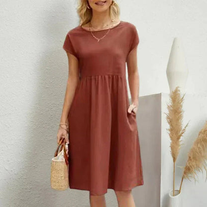Femme Robe Midi Manches Courtes col Rond avec Poches et Fronces