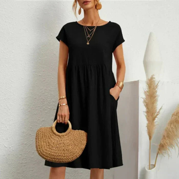 Femme Robe Midi Manches Courtes col Rond avec Poches et Fronces