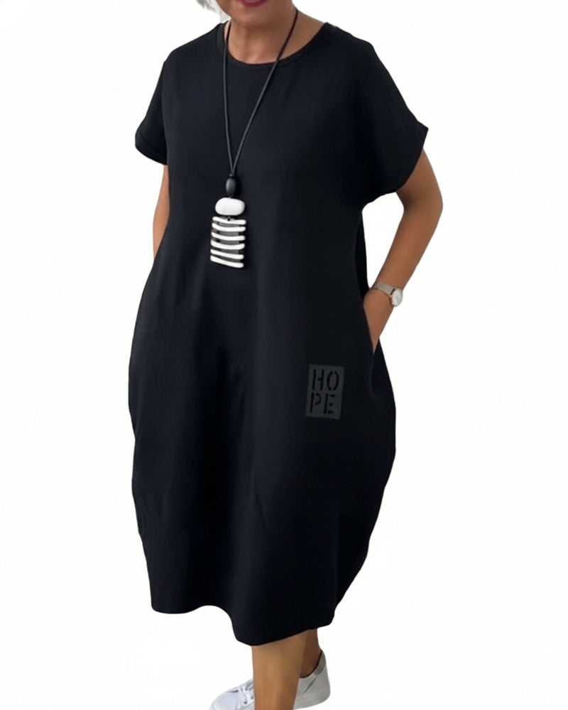 Femme Robe Midi Manches Courtes Oversize avec Col Rond et Imprimé Lettres