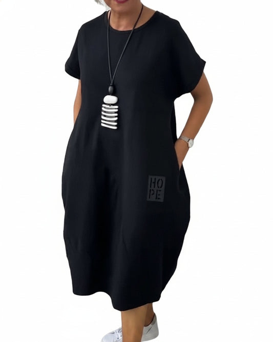 Femme Robe Midi Manches Courtes Oversize avec Col Rond et Imprimé Lettres