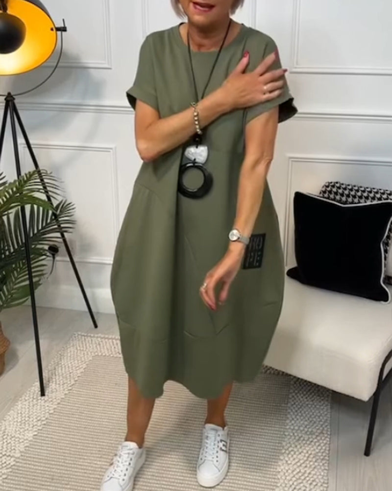 Femme Robe Midi Manches Courtes Oversize avec Col Rond et Imprimé Lettres