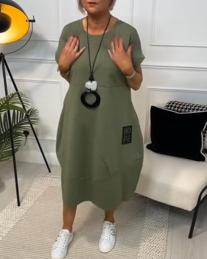 Femme Robe Midi Manches Courtes Oversize avec Col Rond et Imprimé Lettres