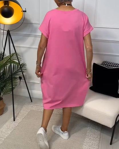 Femme Robe Midi Manches Courtes Oversize avec Col Rond et Imprimé Lettres