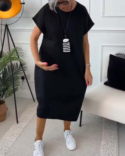 Femme Robe Midi Manches Courtes Oversize avec Col Rond et Imprimé Lettres