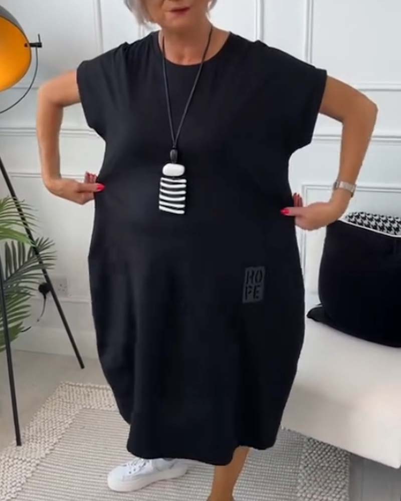 Femme Robe Midi Manches Courtes Oversize avec Col Rond et Imprimé Lettres