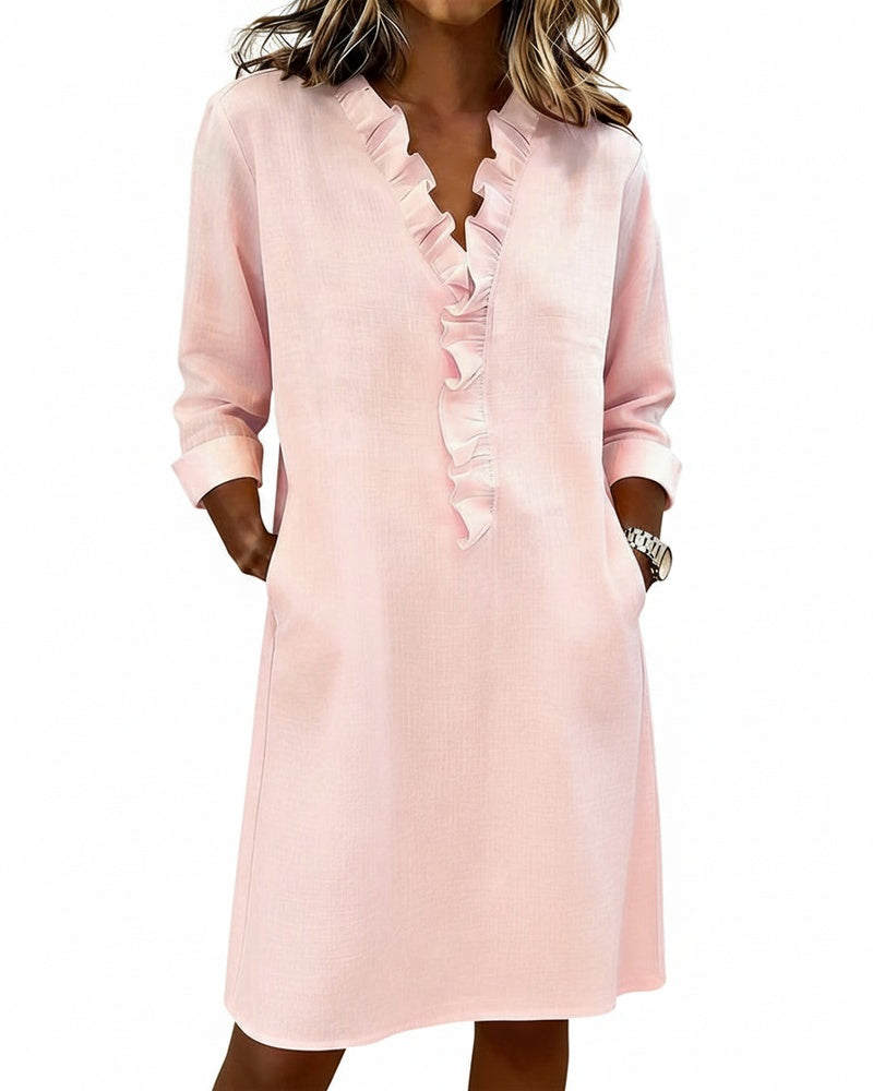Femme Robe Midi Manches Longues col V à Volants Coupe Droite