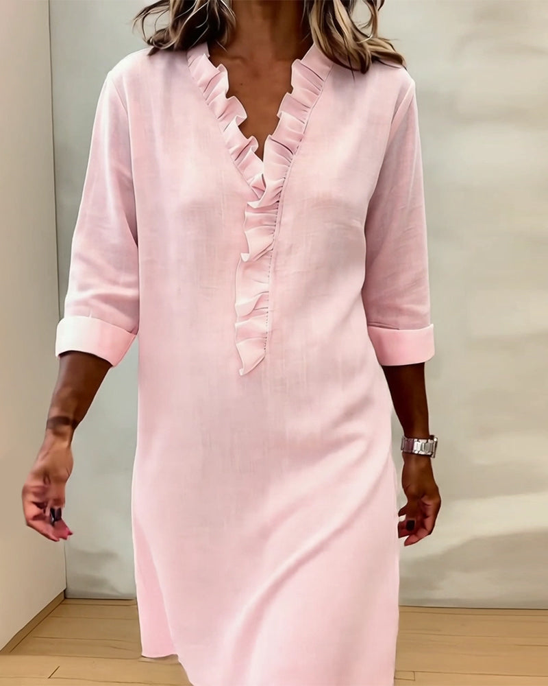 Femme Robe Midi Manches Longues col V à Volants Coupe Droite
