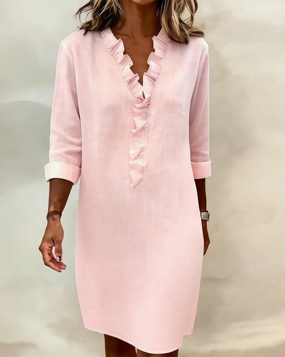 Femme Robe Midi Manches Longues col V à Volants Coupe Droite