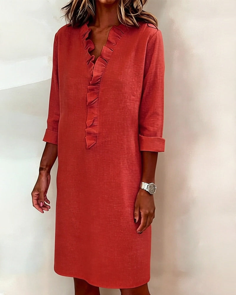 Femme Robe Midi Manches Longues col V à Volants Coupe Droite