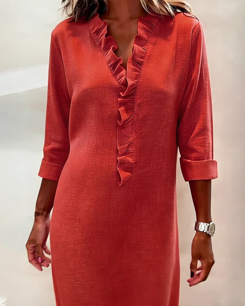 Femme Robe Midi Manches Longues col V à Volants Coupe Droite