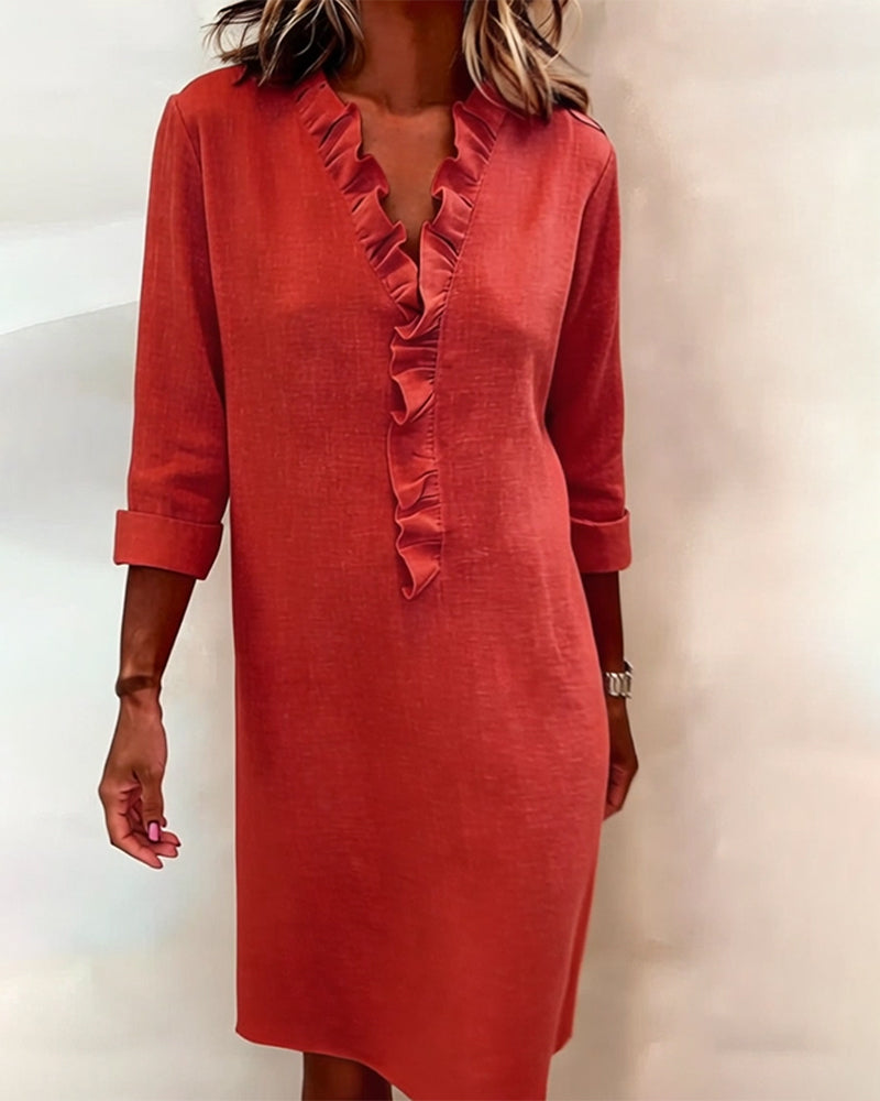 Femme Robe Midi Manches Longues col V à Volants Coupe Droite