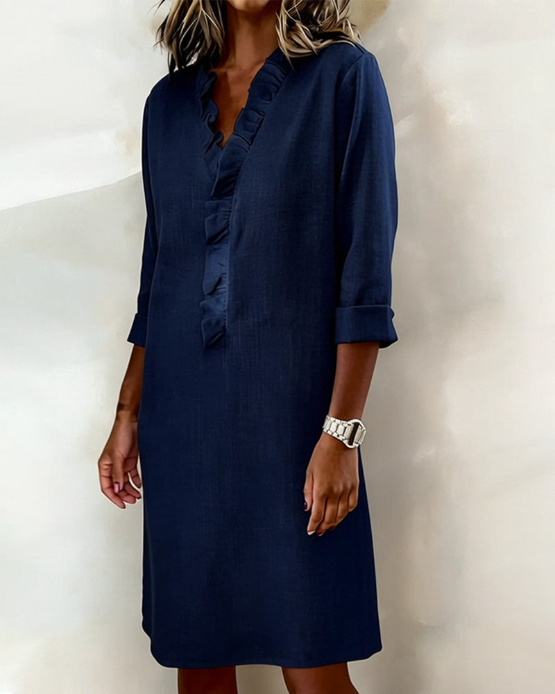 Femme Robe Midi Manches Longues col V à Volants Coupe Droite