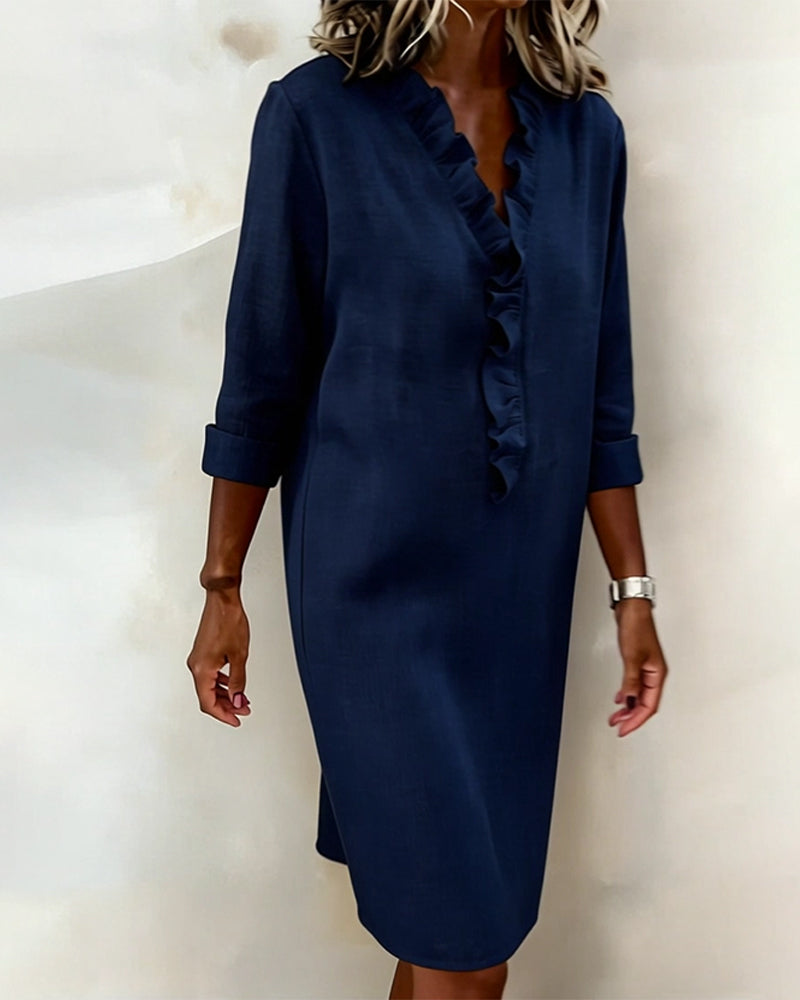 Femme Robe Midi Manches Longues col V à Volants Coupe Droite