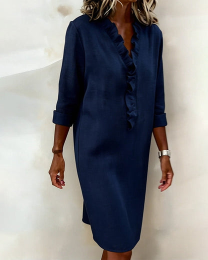 Femme Robe Midi Manches Longues col V à Volants Coupe Droite