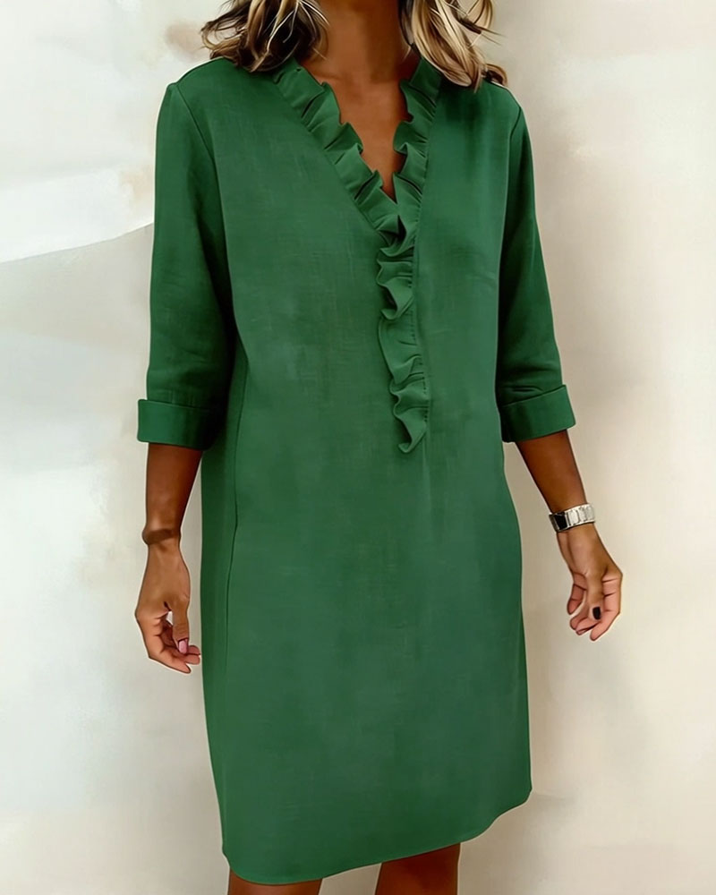 Femme Robe Midi Manches Longues col V à Volants Coupe Droite
