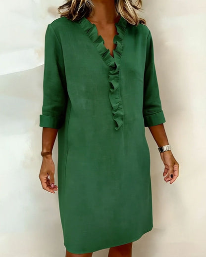 Femme Robe Midi Manches Longues col V à Volants Coupe Droite