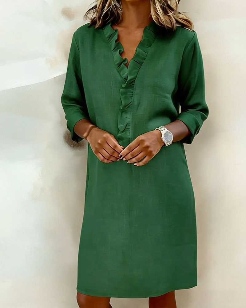 Femme Robe Midi Manches Longues col V à Volants Coupe Droite
