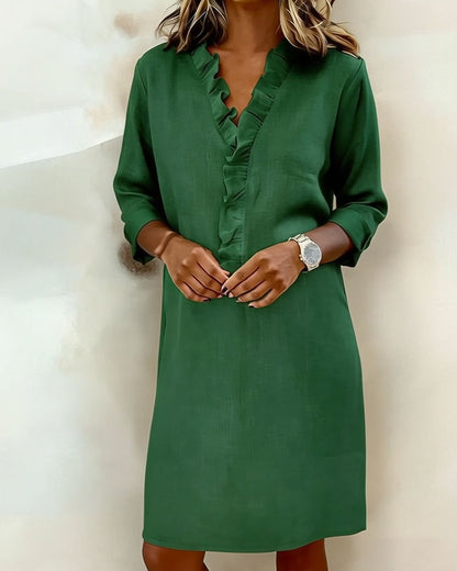 Femme Robe Midi Manches Longues col V à Volants Coupe Droite