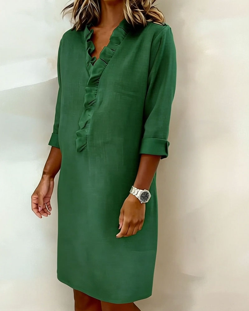 Femme Robe Midi Manches Longues col V à Volants Coupe Droite